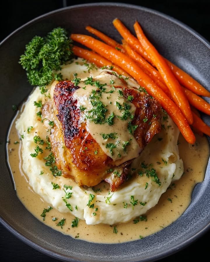 Creamy Peppercorn Chicken with Mashed Potatoes & Glazed Carrots