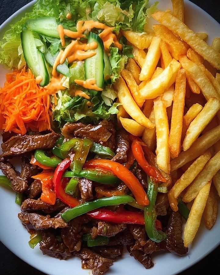 Crispy Pepper Steak Stir-Fry With French Fries And Salad