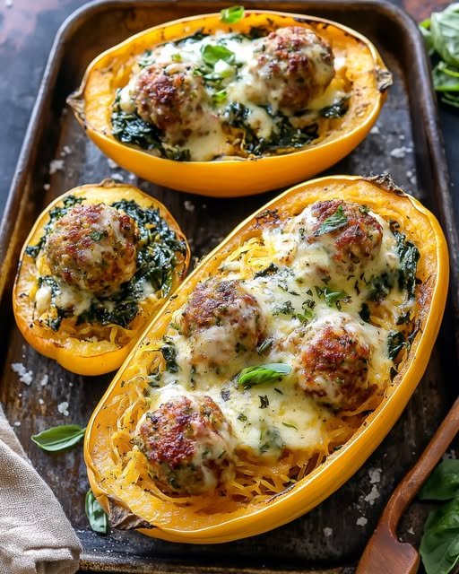 Spaghetti Squash with Cheesy Meatballs and Garlic Herb Butter