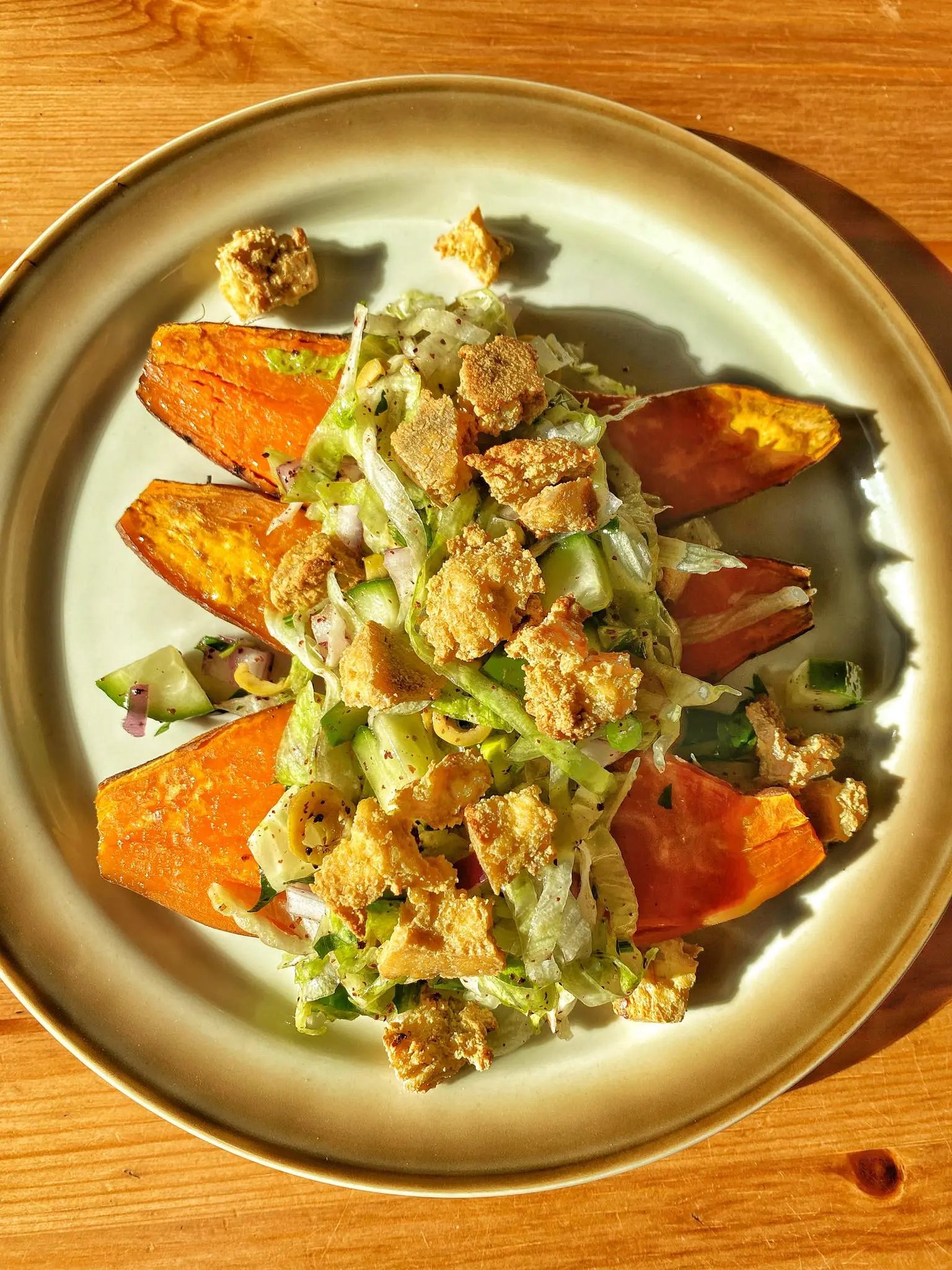 Roasted Sweet Potato with Salad and Crispy Tofu Bites