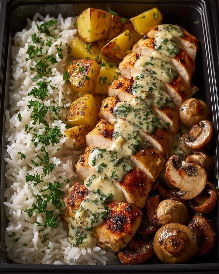 Creamy Chicken With Garlic Rice, Potatoes, Mushrooms