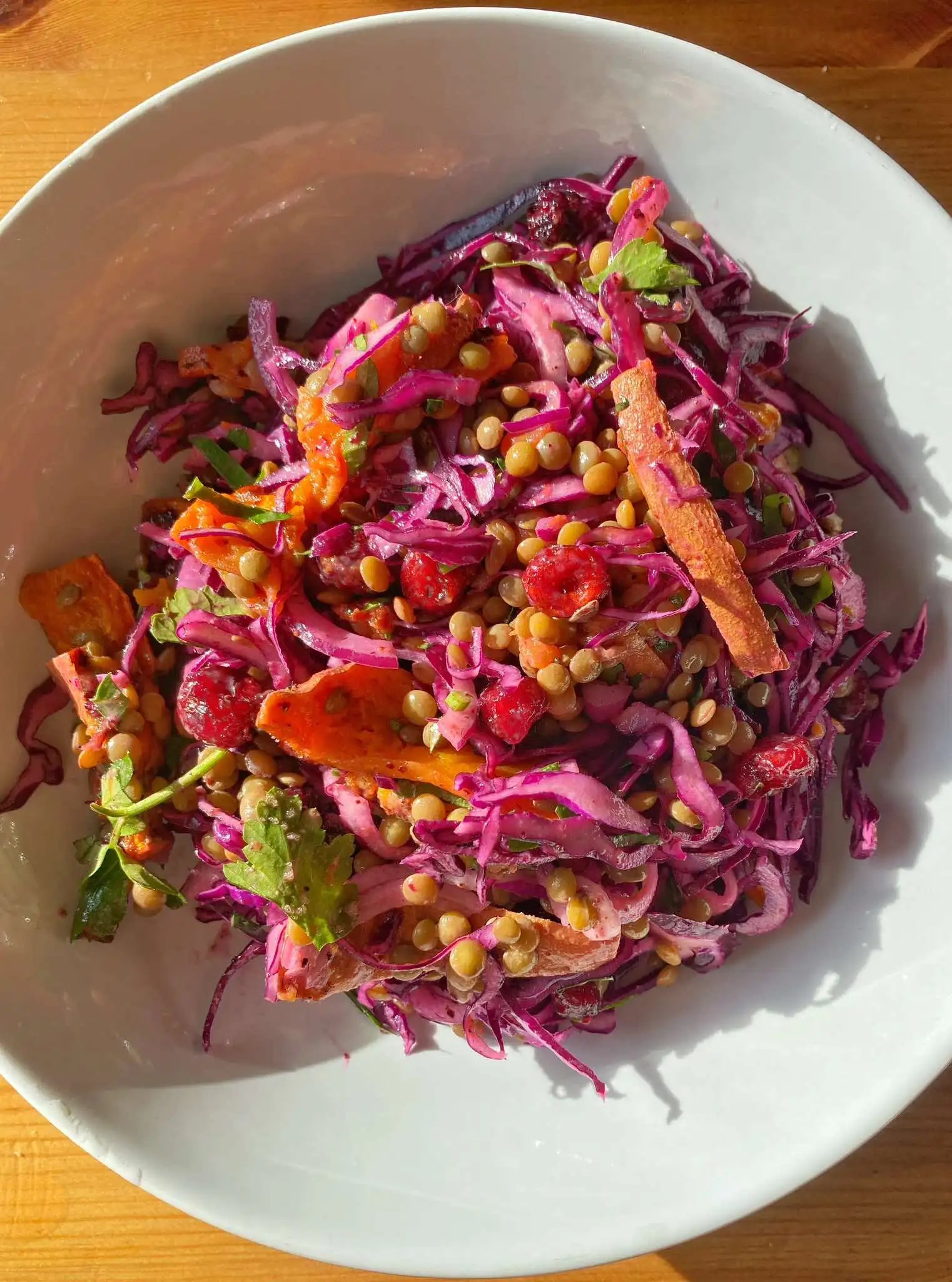 Red Cabbage Crunch Salad with Sweet Potato and Lentils