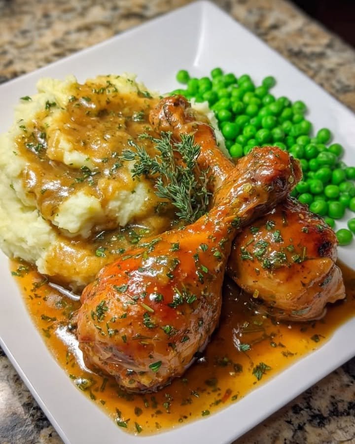 Smothered Chicken Drumsticks with Mashed Potatoes & Peas