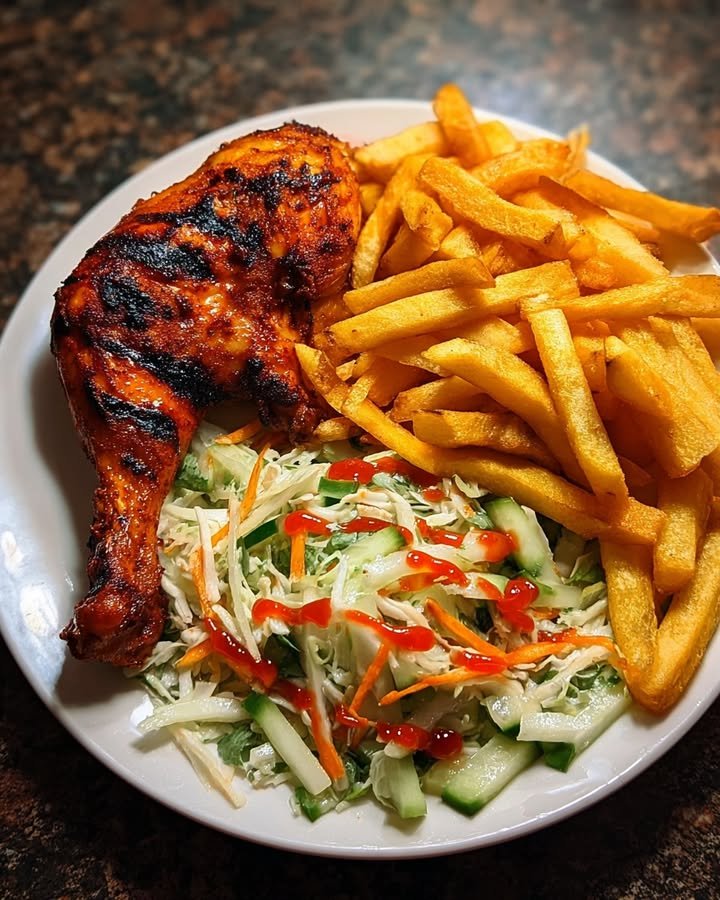 Crispy Fries With Flame-Grilled Chicken Leg And Salad