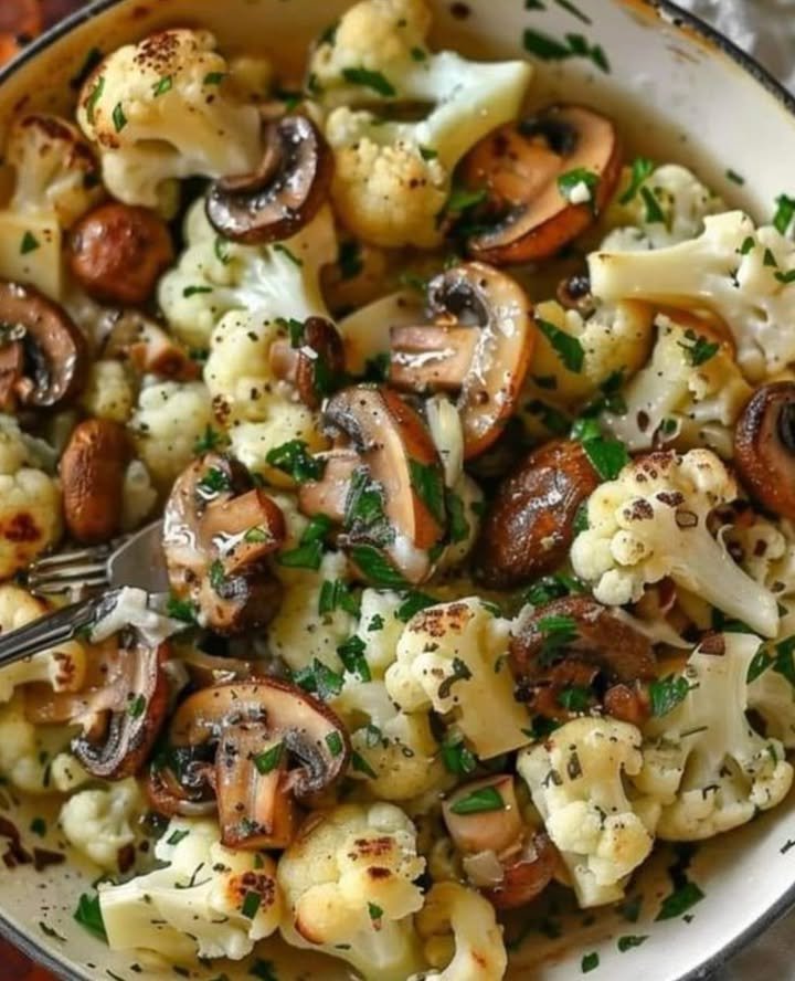 Blumenkohl Champignons Pfanne mit Knoblauch