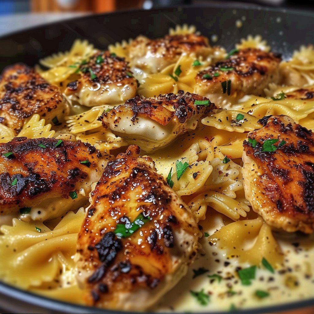Garlic Butter Chicken Bowties with Cheesy Mozzarella Cream Sauce
