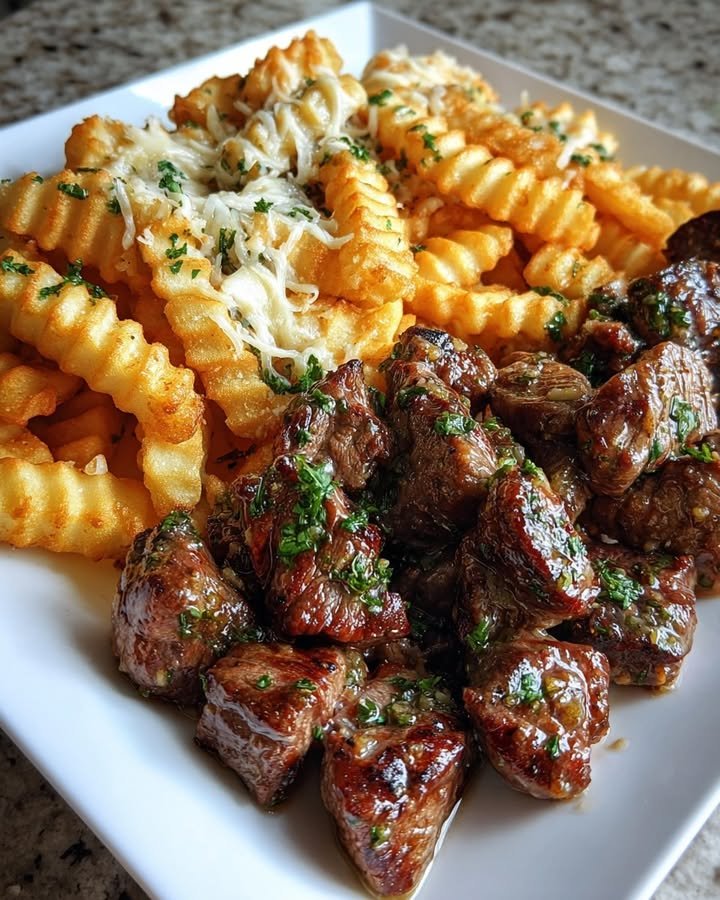 Garlic Butter Steak Bites with Cheesy Loaded Crinkle Fries