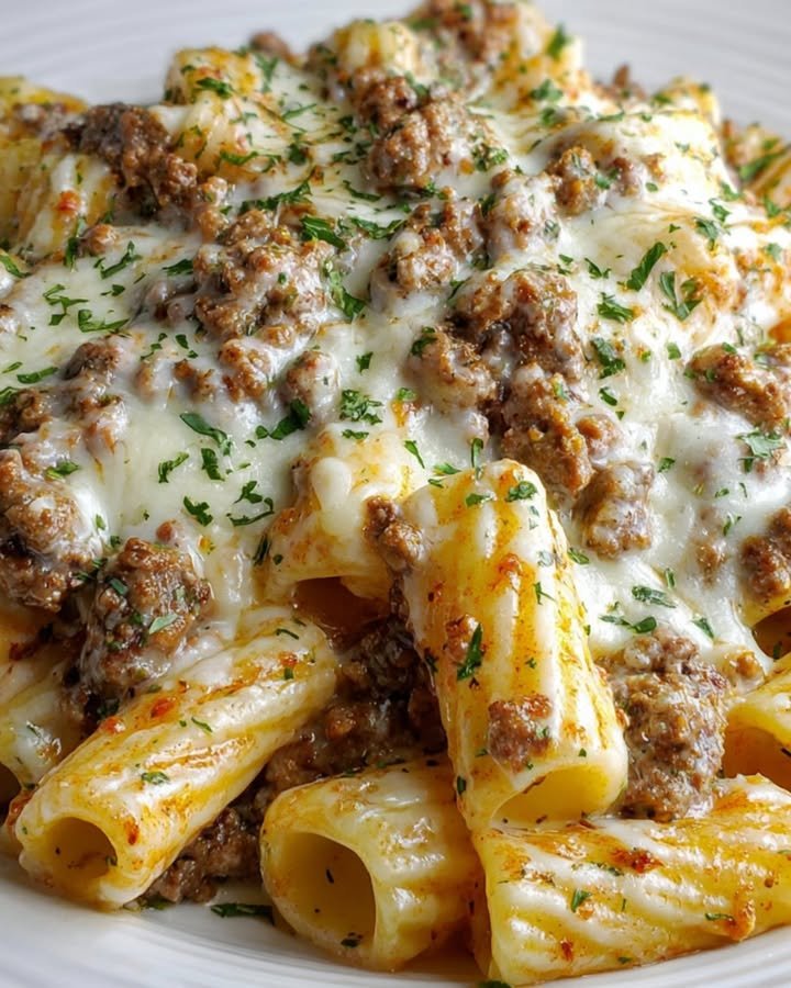Beef Rigatoni Pasta with Cheesy Cream Sauce