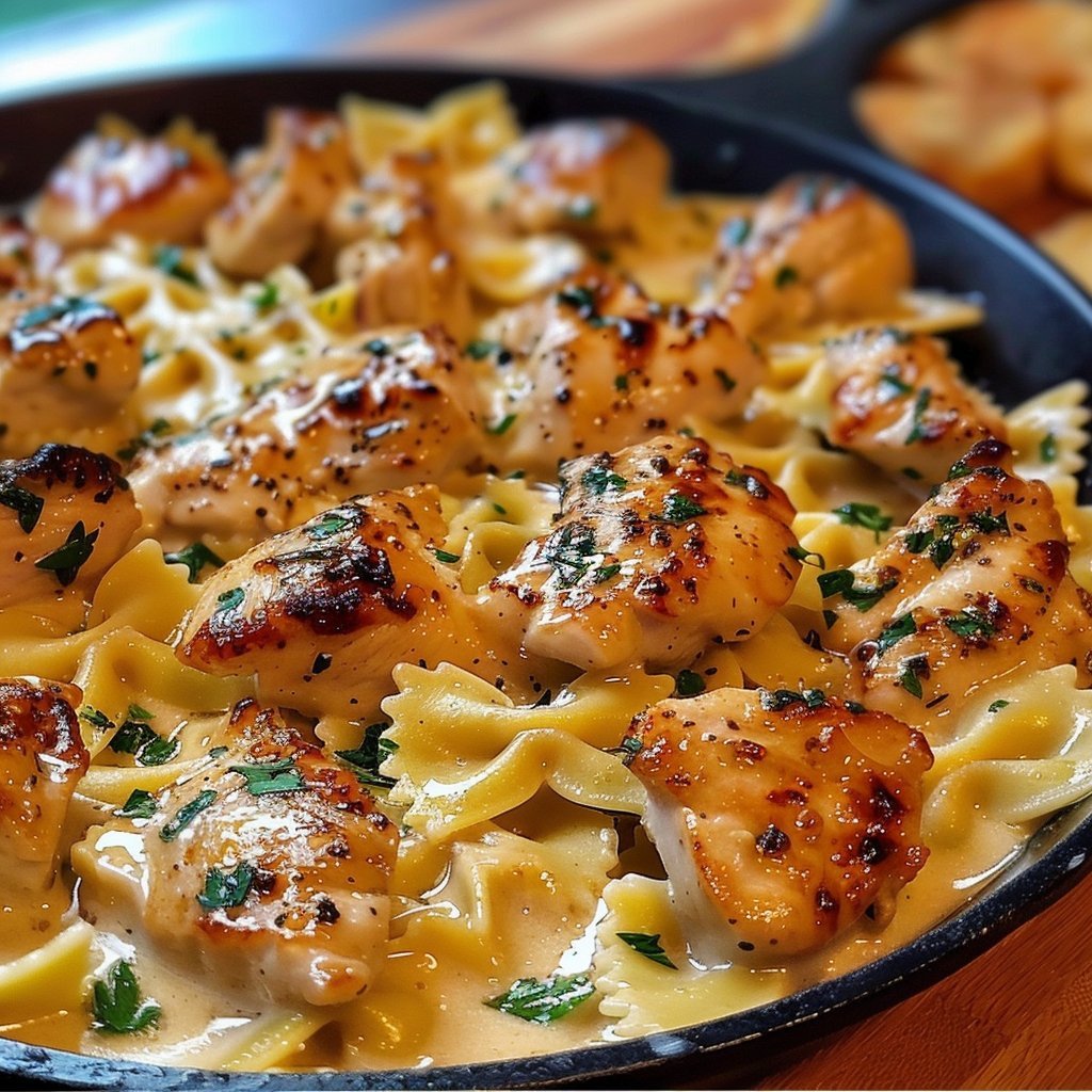 Cheesy Garlic Butter Chicken with Bowtie Pasta and Creamy Sauce