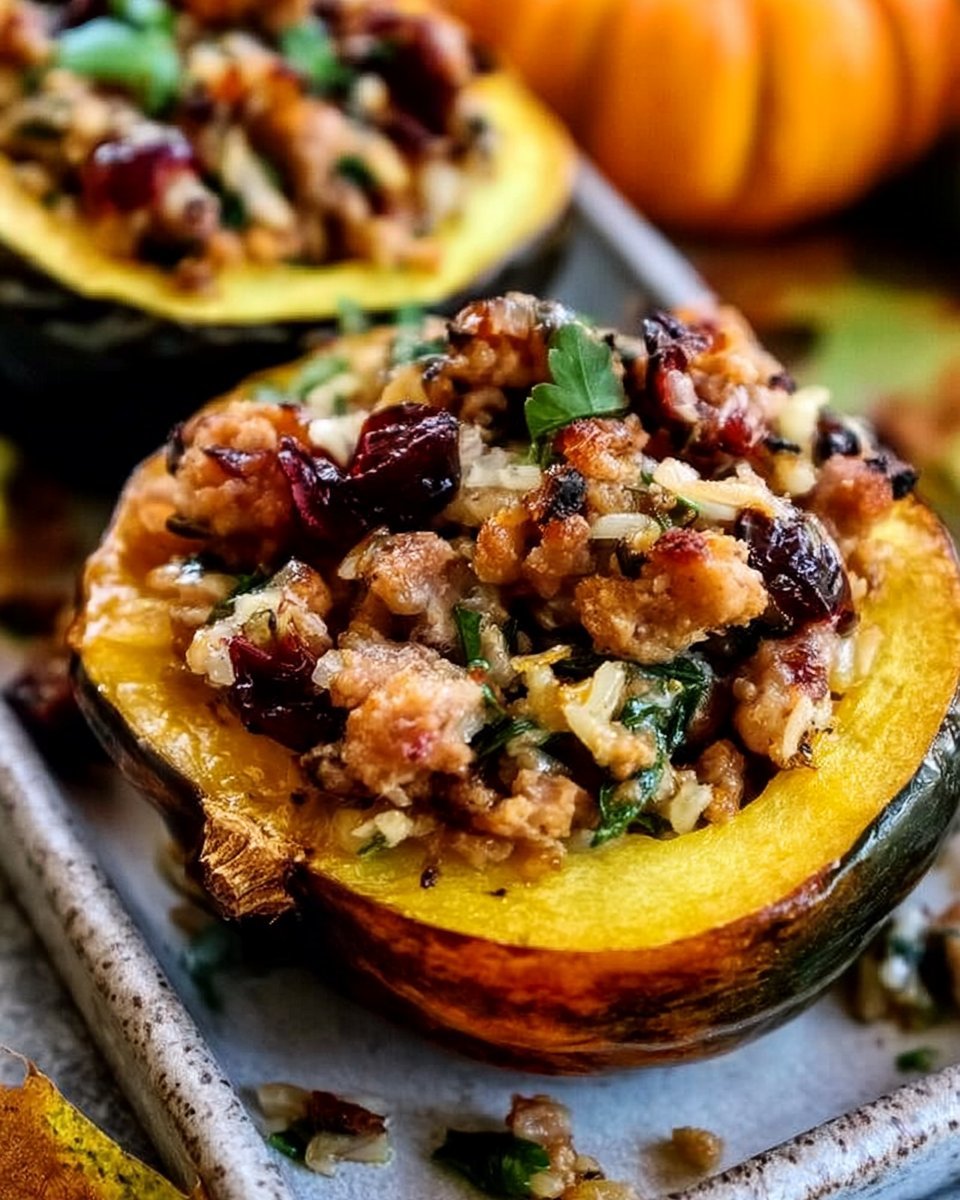 Stuffed Acorn Squash with Turkey, Cranberries, and Rice