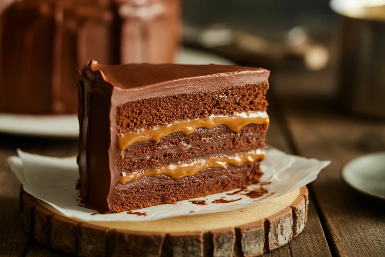 Chocolate Almond Caramel Layer Cake
