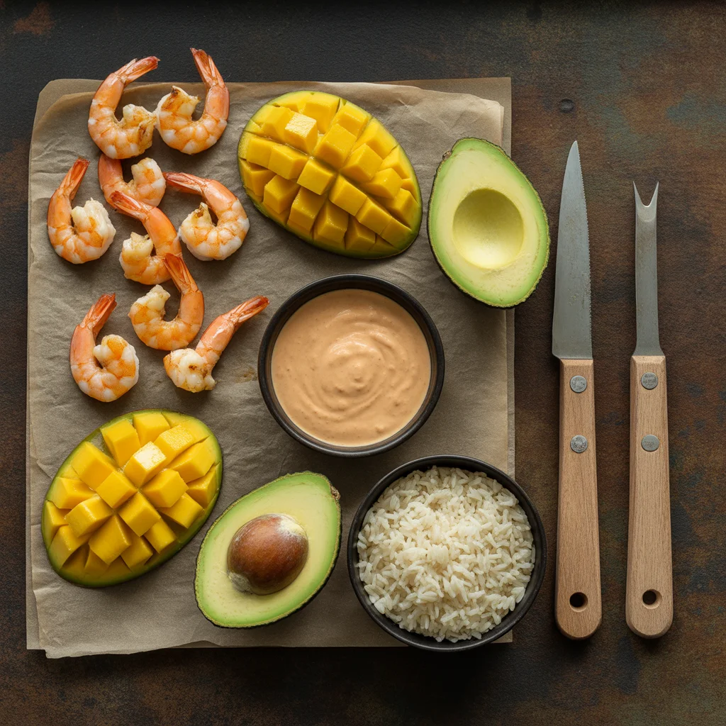 Shrimp and Avocado Bowls with Mango Salsa & Lime-Chili Sauce