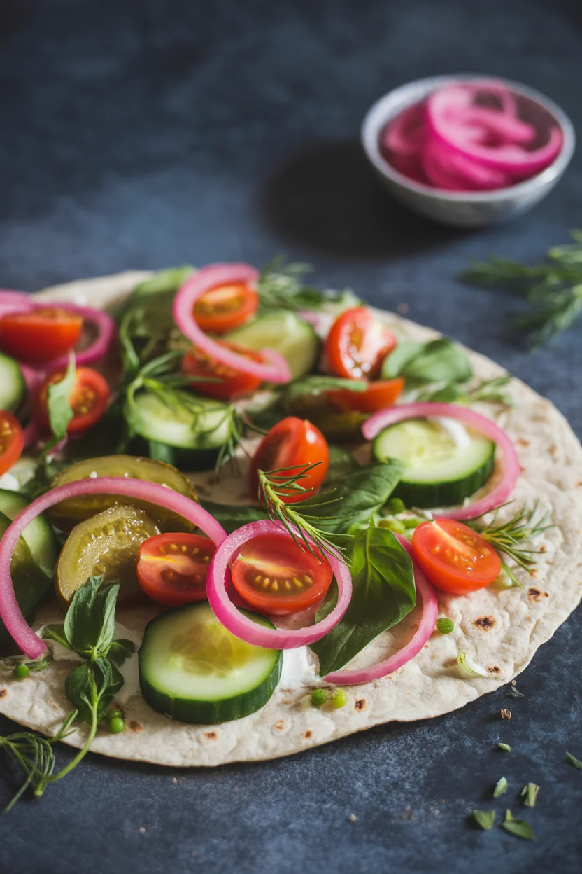Mediterranean cucumber spinach flatbread wrap