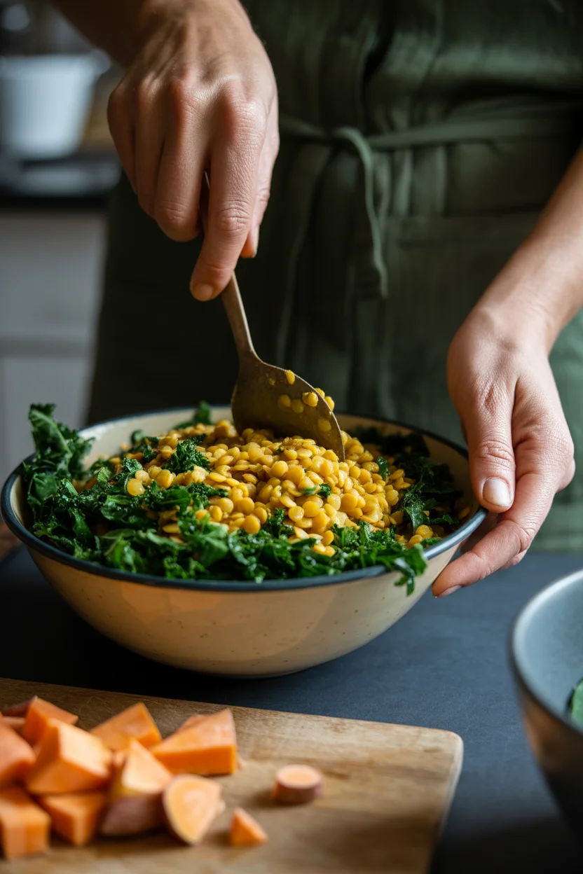 vegan lentil sweet potato curry bowl