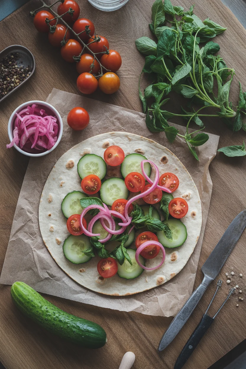 Mediterranean cucumber spinach flatbread wrap