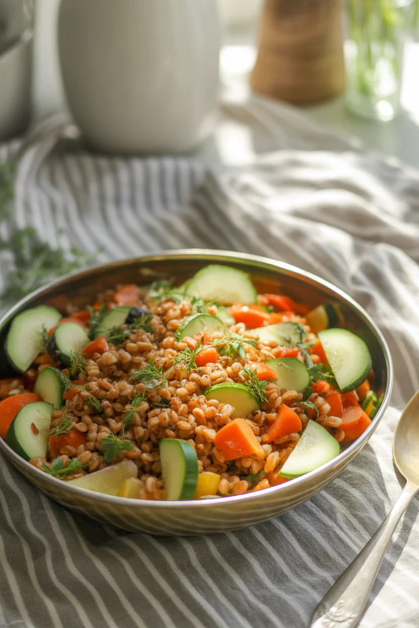 Balsamic Roasted Veggie Farro Salad with Fresh Herbs and Feta