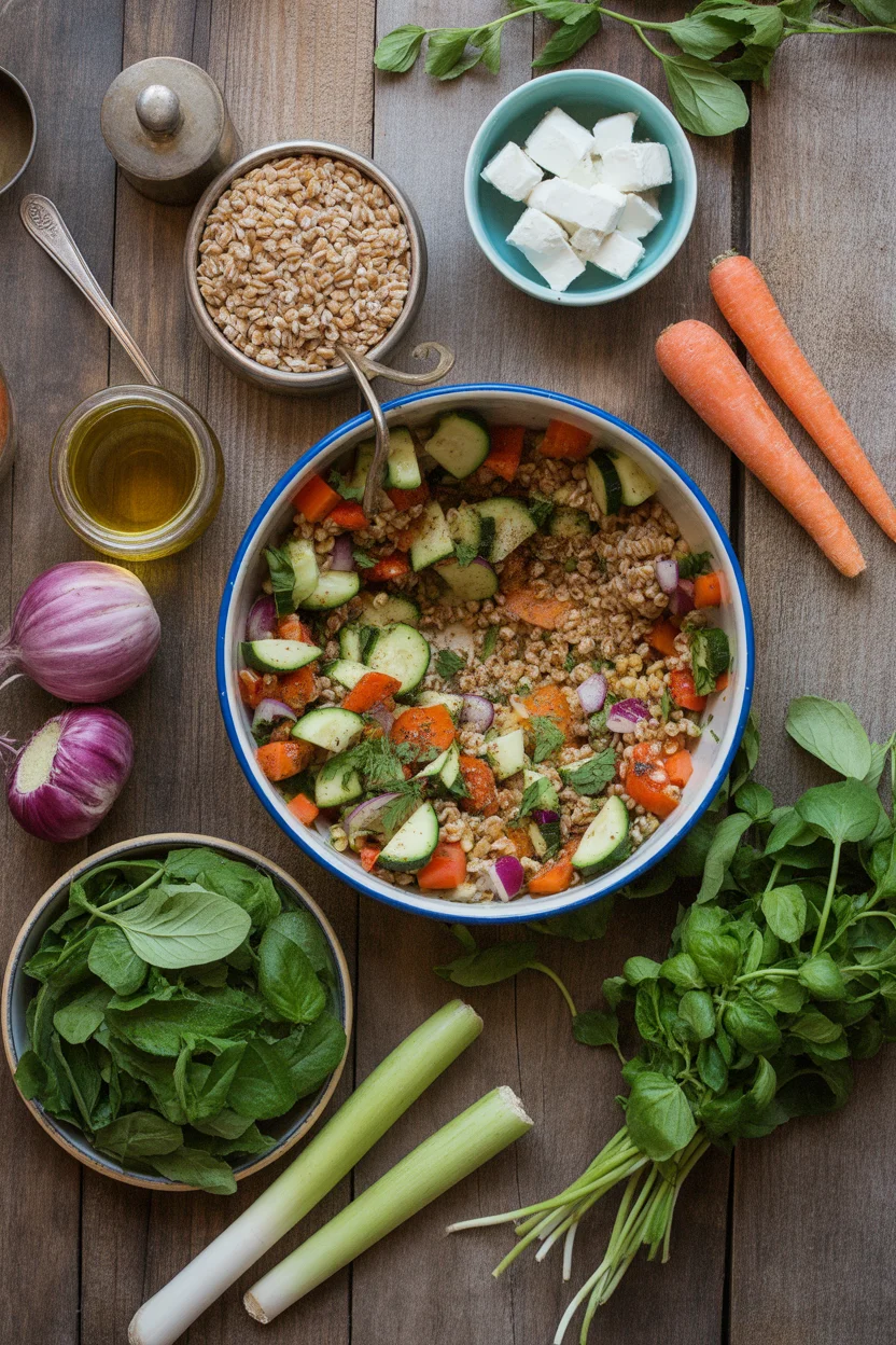 Balsamic Roasted Veggie Farro Salad with Fresh Herbs and Feta