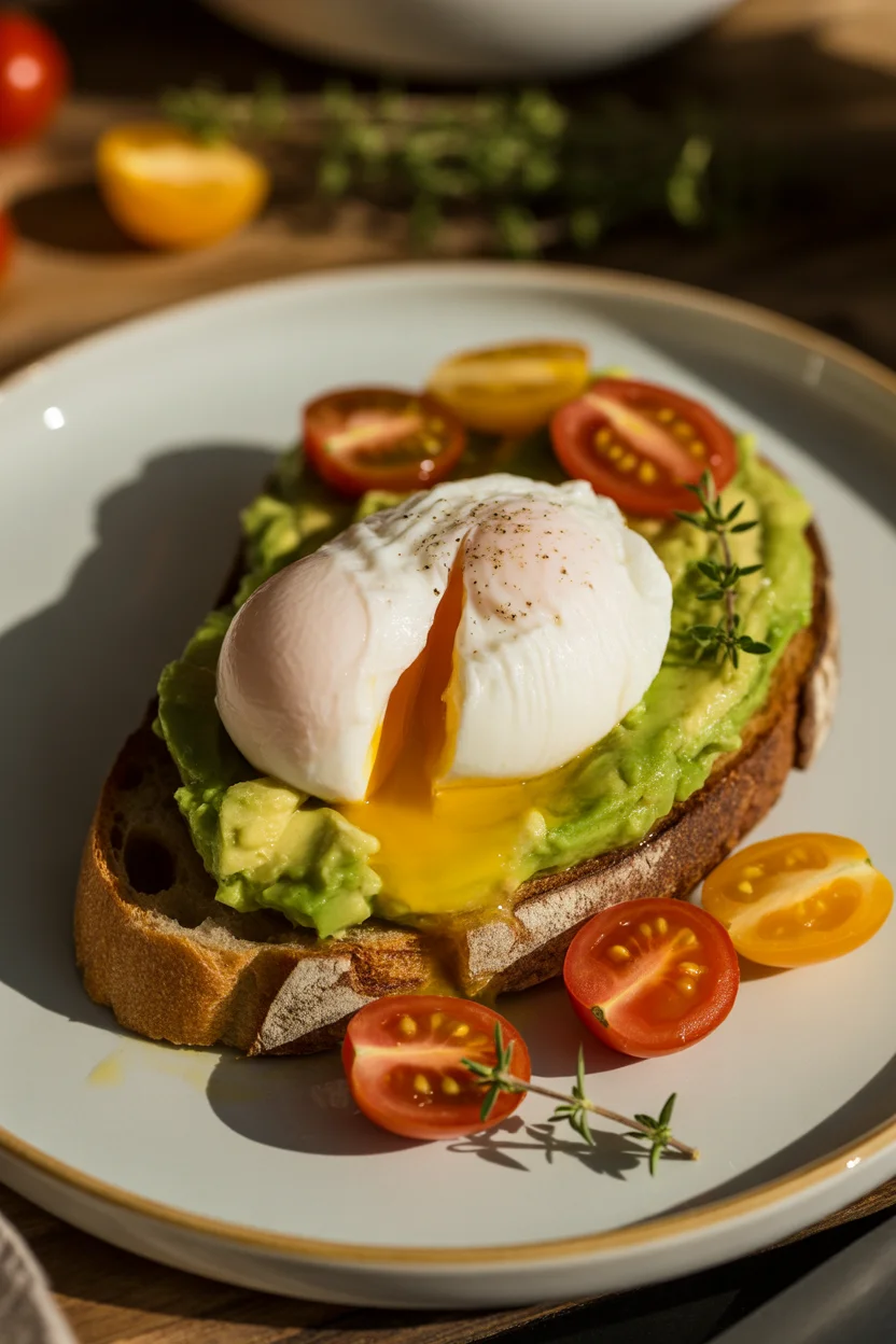 Delicious Avocado Toast with Poached Egg & Juicy Tomato Bliss