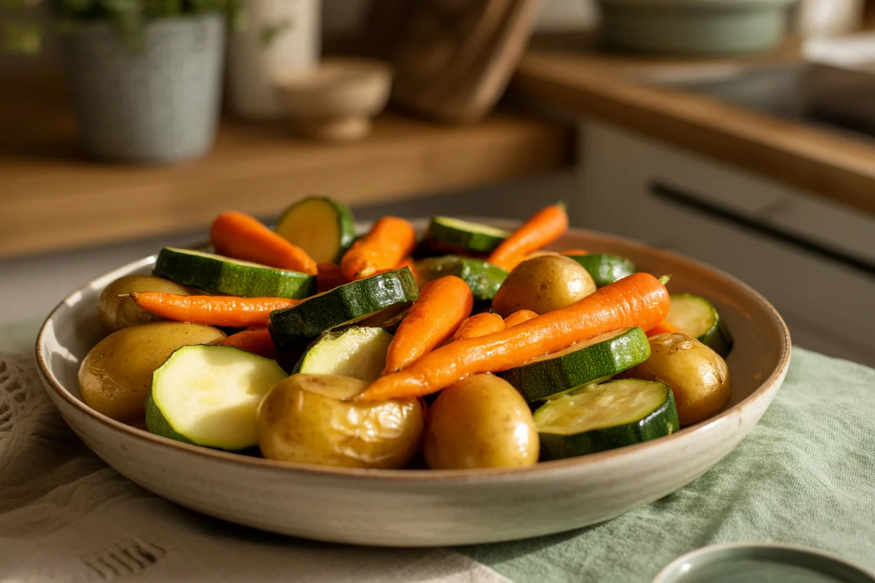 Garlic Herb Roasted Potatoes with Carrots and Zucchini in oven
