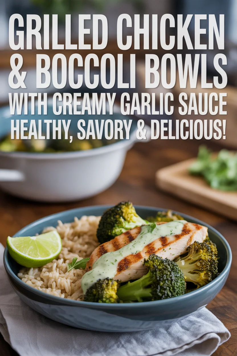 Grilled Chicken & Broccoli Bowls with Creamy Garlic Sauce