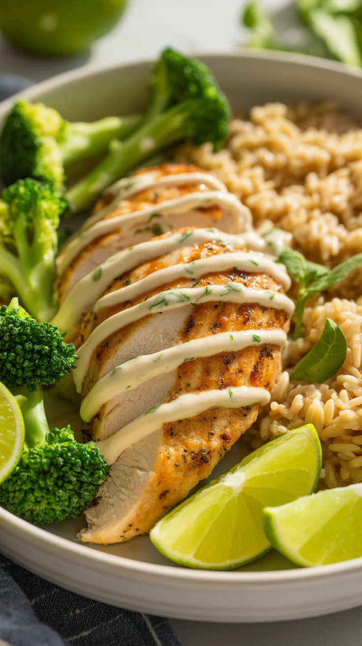 Grilled Chicken & Broccoli Bowls with Creamy Garlic Sauce – Healthy, Savory & Delicious!