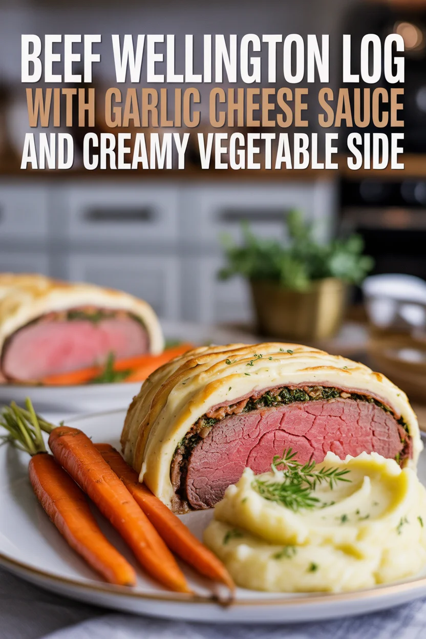 Beef Wellington Log with Garlic Cheese Sauce and Creamy Vegetable Side