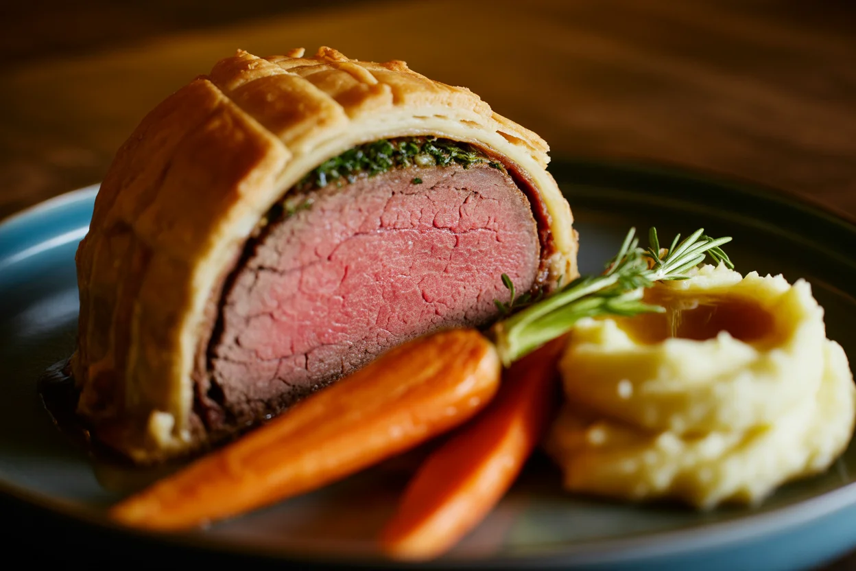 Beef Wellington Log with Garlic Cheese Sauce and Creamy Vegetable Side
