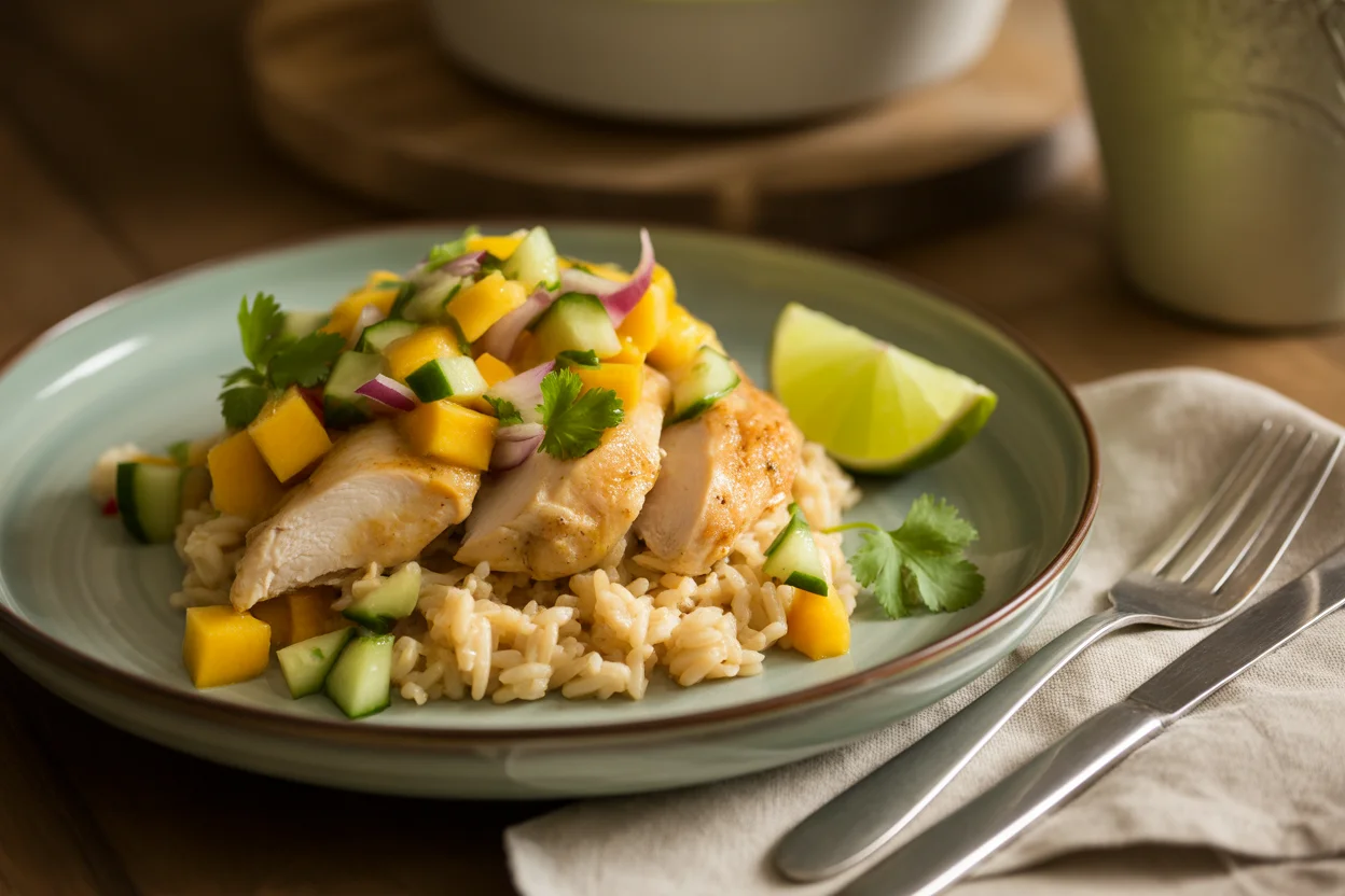 Limetten-Reis mit Tempeh und Mango-Avocado-Salsa für jeden Tag