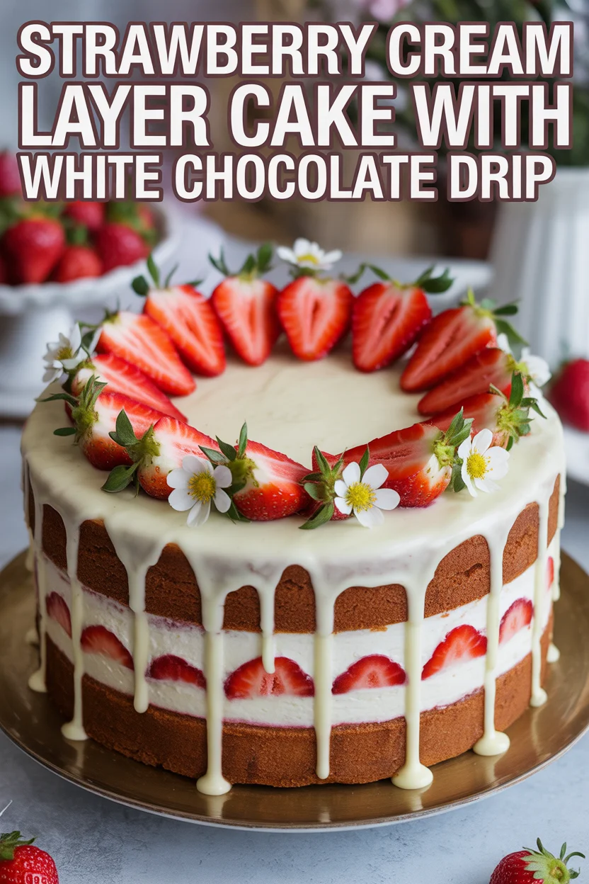 Strawberry Cream Layer Cake with White Chocolate Drip