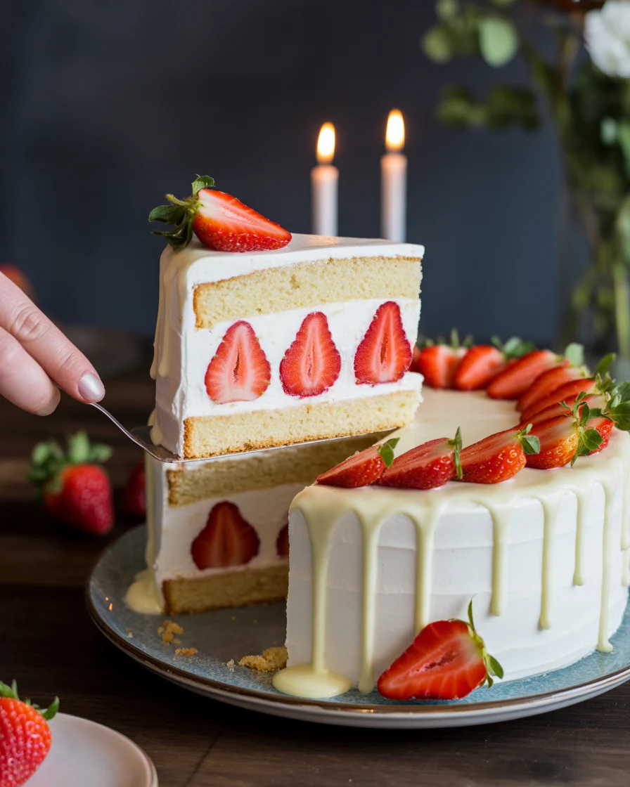 Strawberry Cream Layer Cake with White Chocolate Drip
