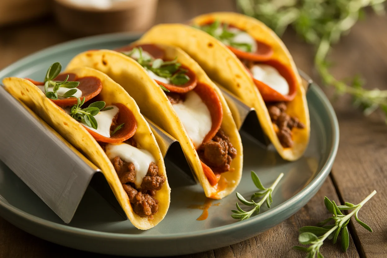 Cheesy Pepperoni Pizza Tacos with Seasoned Beef & Melty Mozzarella Recipe