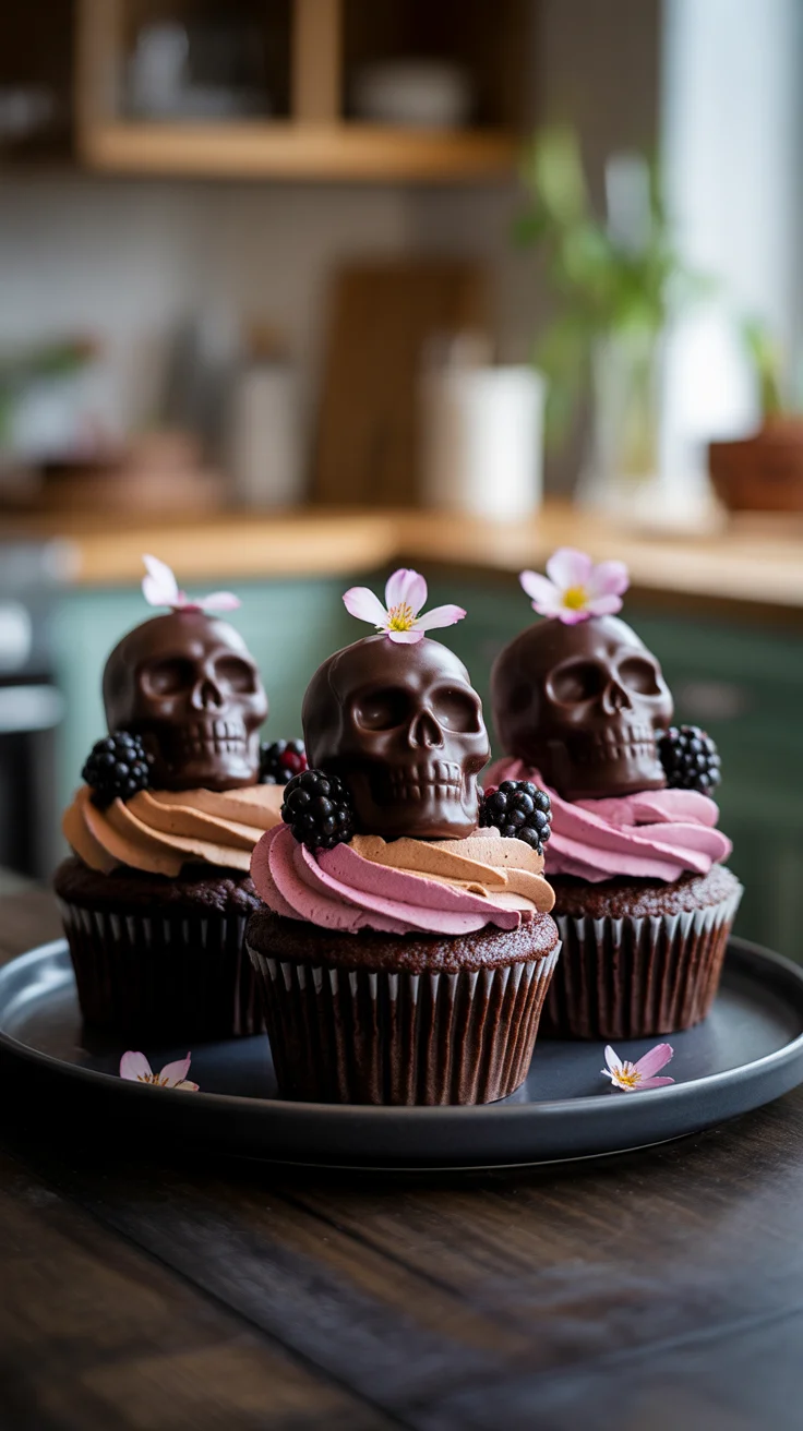 Vegan Halloween Chocolate Cupcakes with Blackberry Filling & Buttercream