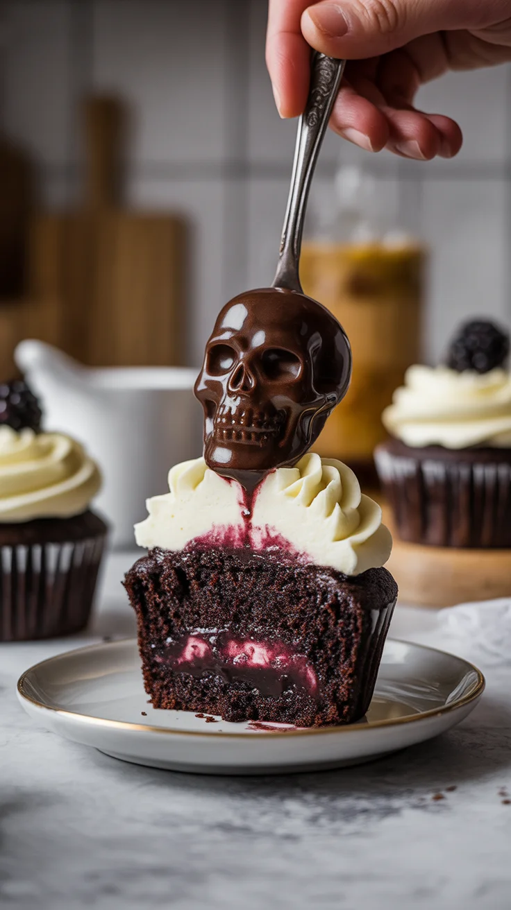 Vegan Halloween Chocolate Cupcakes with Blackberry Filling & Buttercream