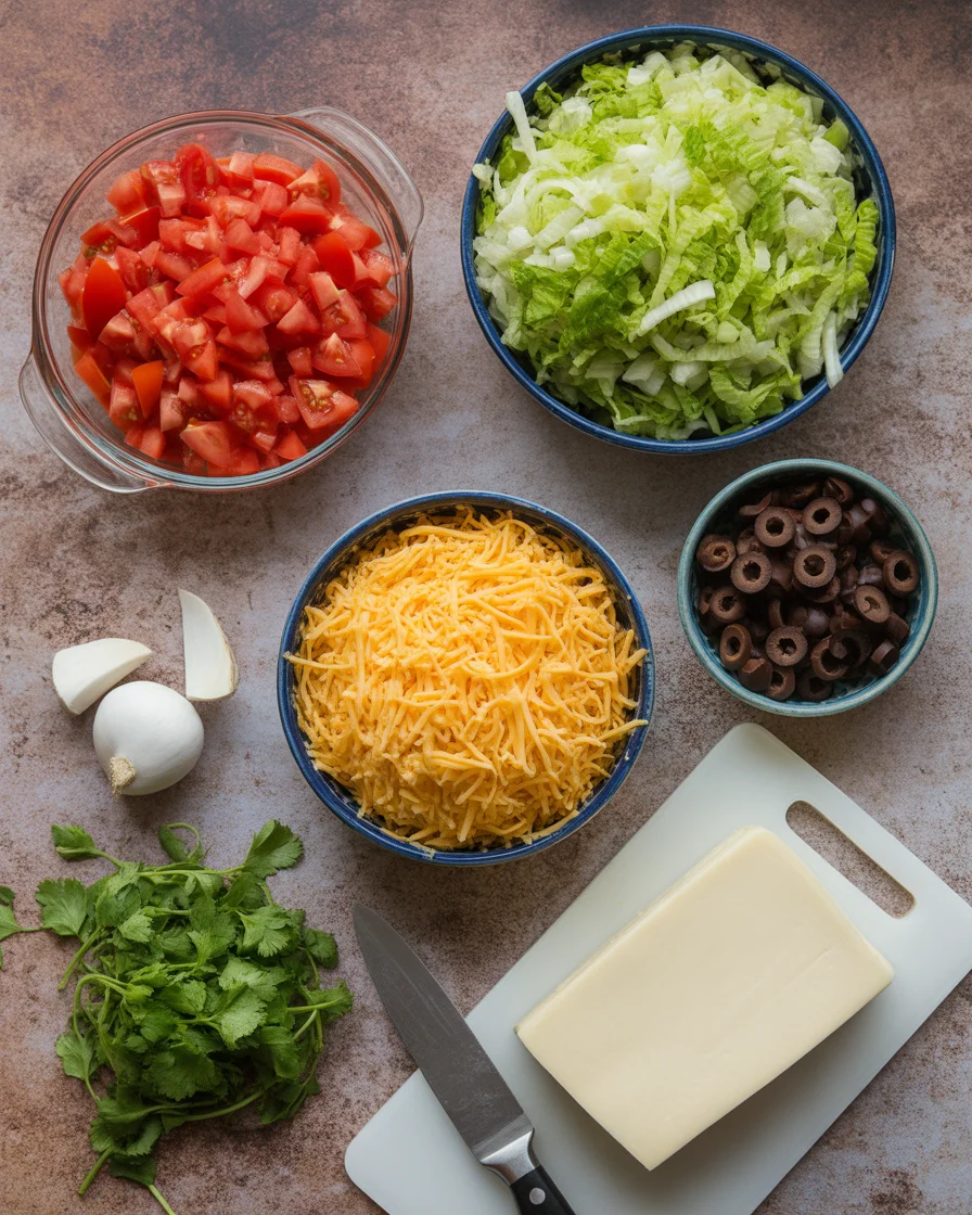 Fresh ingredients for taco casserole including ground beef, tortillas, beans, shredded cheese, and vegetables