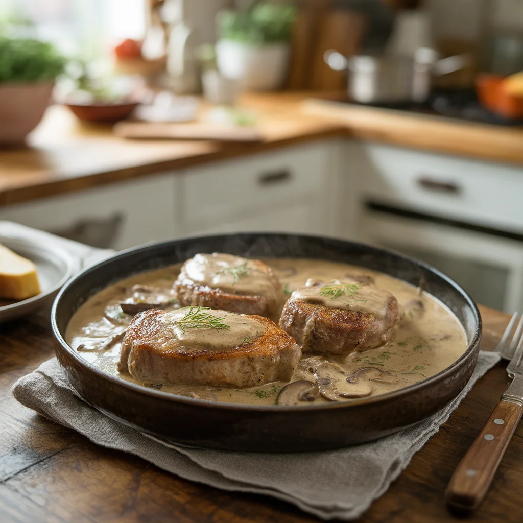 'Pork chops with creamy mushroom sauce'