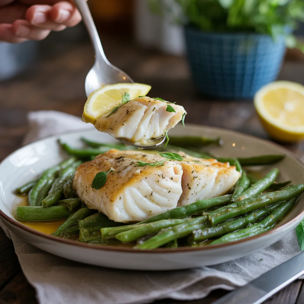 'Lemon herb baked cod with green beans'