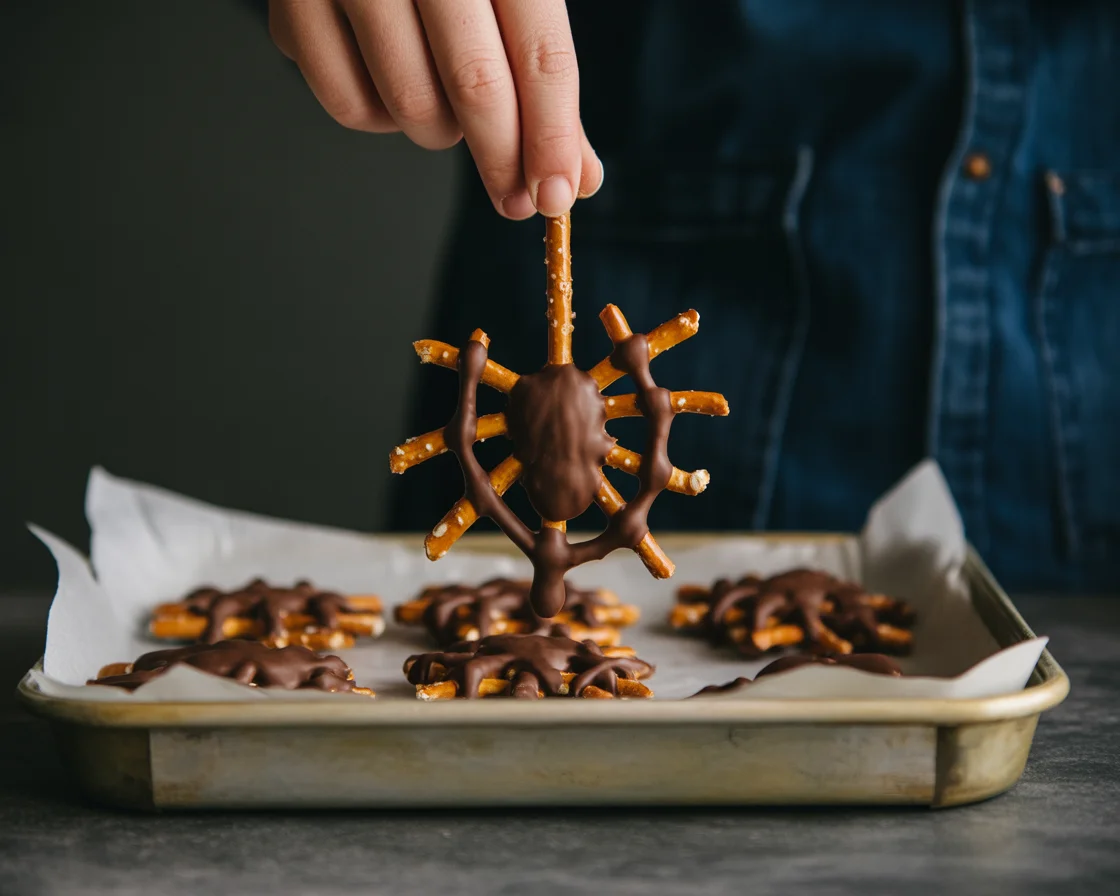 Easy Halloween Chocolate Pretzel Spider Webs