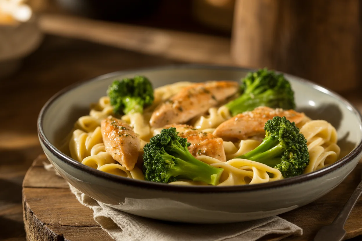 Easy Garlic-Parmesan Chicken Bites Recipe with Sun-Dried Tomato Cajun Alfredo & Charred Broccolini