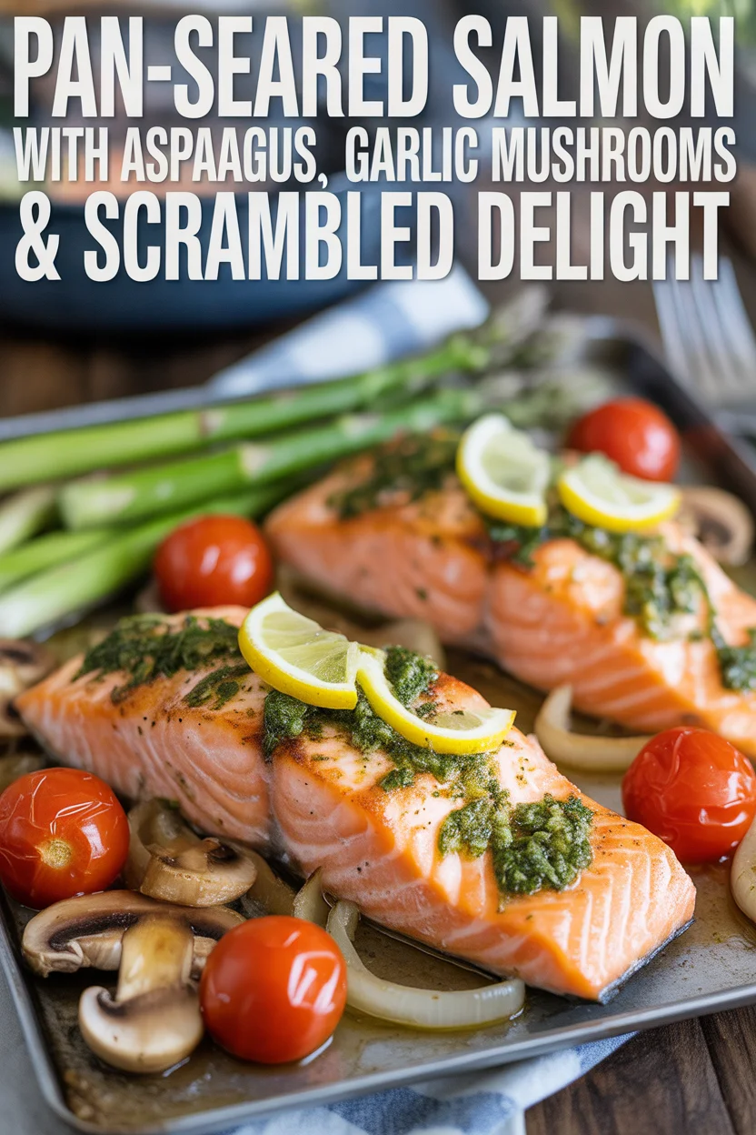 Pan-Seared Salmon with Asparagus, Garlic Mushrooms & Scrambled Delight