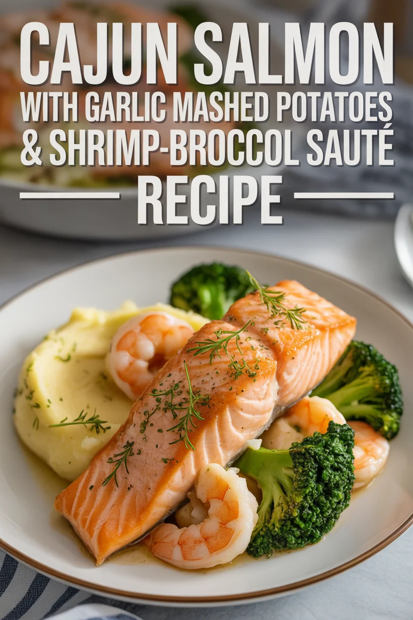 Cajun Salmon with Garlic Mashed Potatoes & Shrimp-Broccoli Sauté