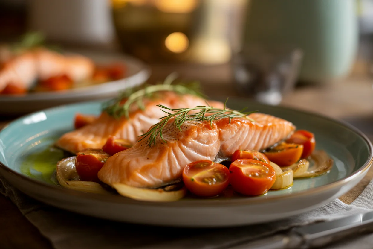 Pan-Seared Salmon with Asparagus, Garlic Mushrooms, Roasted Cherry Tomatoes & Scrambled