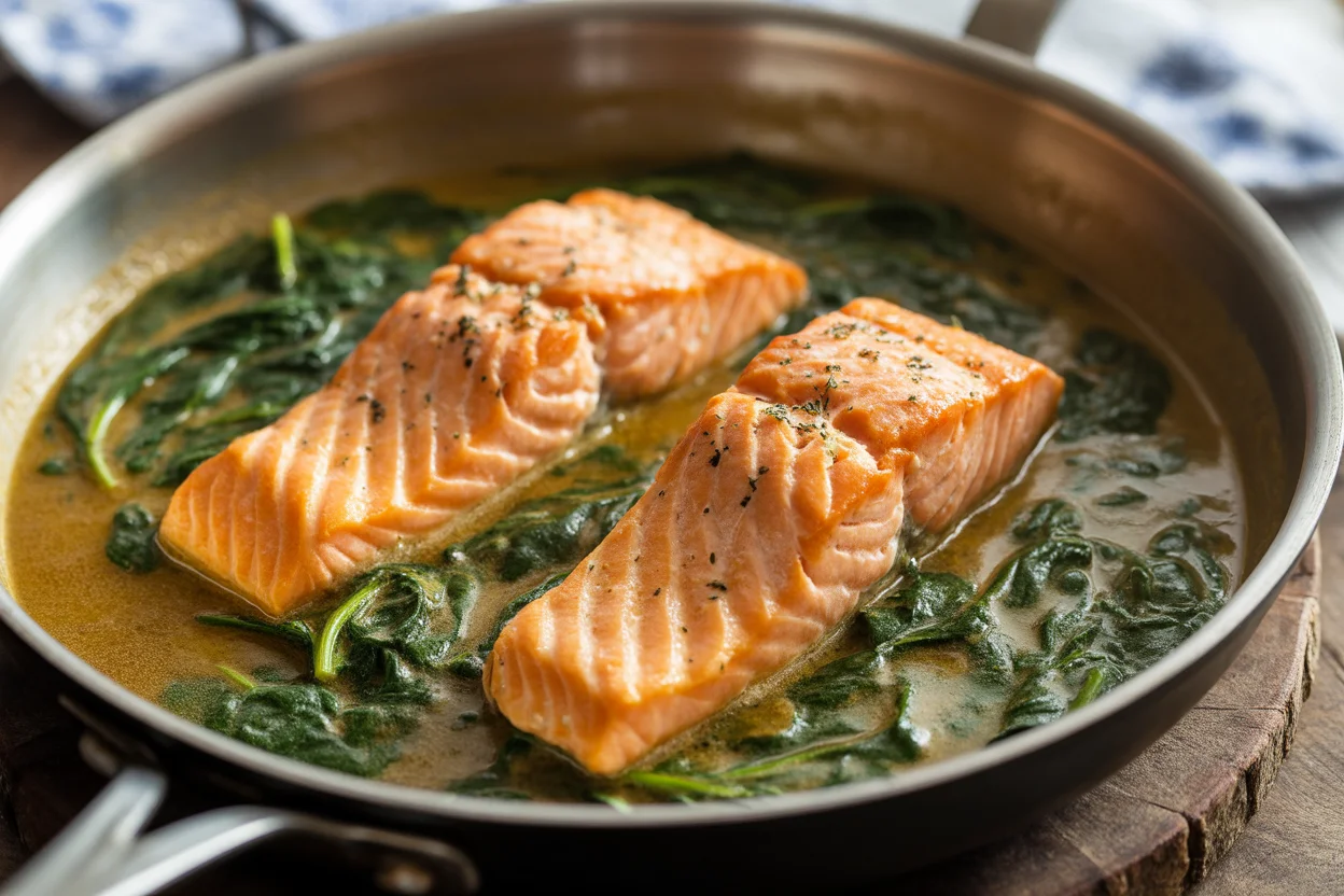 Cajun Salmon with Garlic Mashed Potatoes & Shrimp-Broccoli Sauté