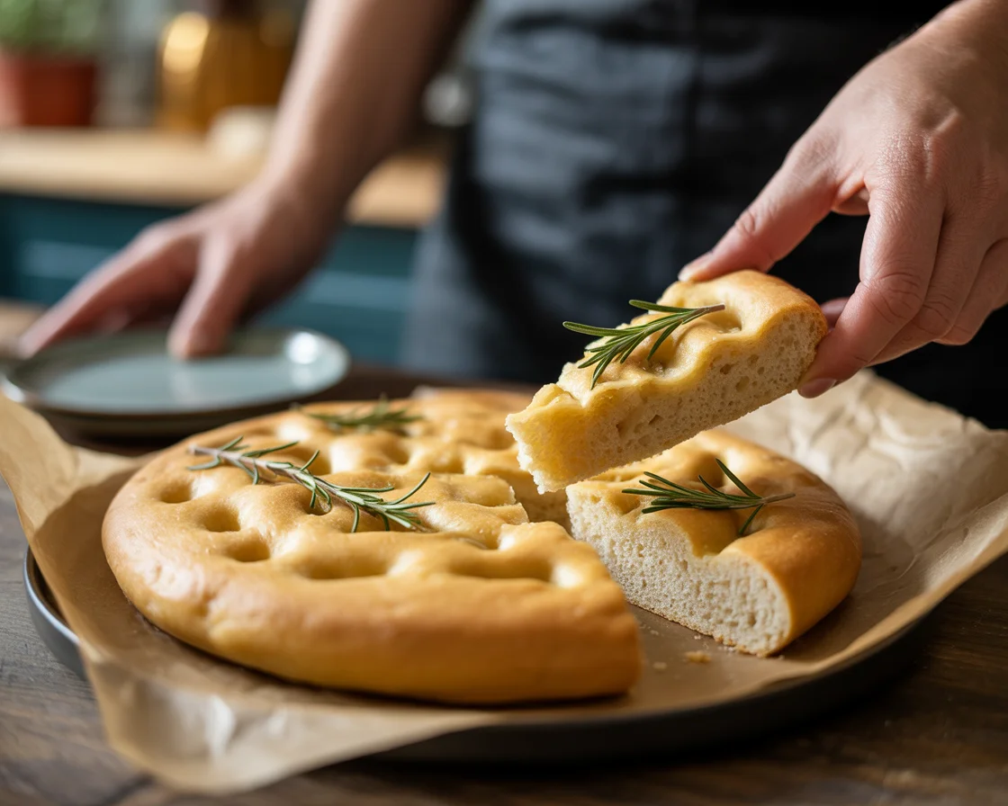 a slice of No Yeast gluten-free Focaccia bread with some rosemary