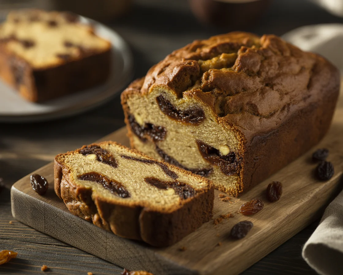 a beautiful yeast free gluten free Cinnamon Raisin Bread cut into a slice