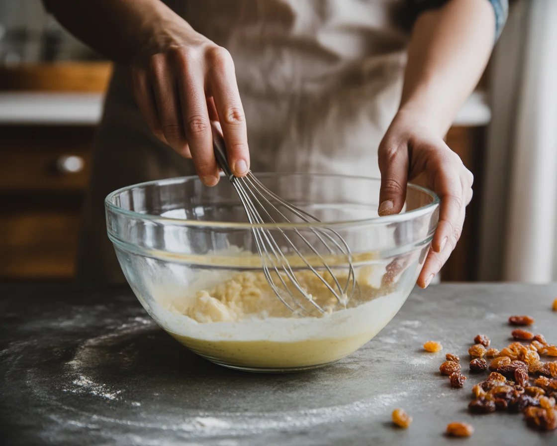 Caleb Finch mix the ingredients of yeast free gluten-free Cinnamon Raisin Bread inside a bowl. 