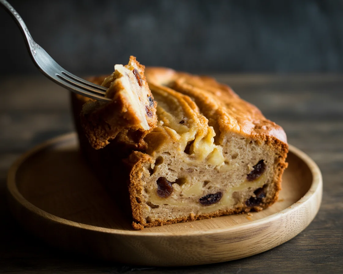 photo showing a fork takes a little of yeast free gluten-free Cinnamon Raisin Bread 