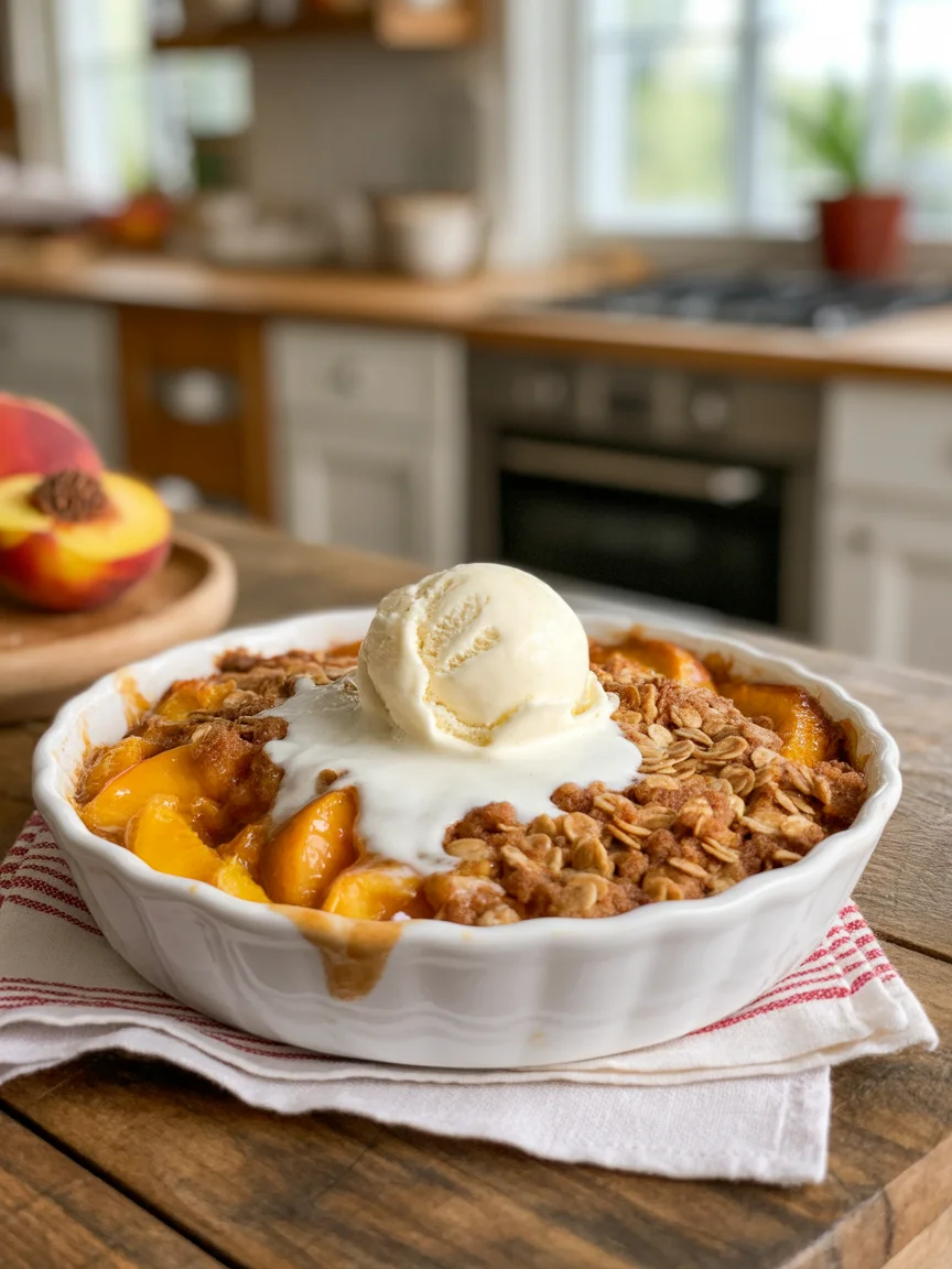 Delicious Brown Butter Peach Crisp with a Crunchy Oat Topping!