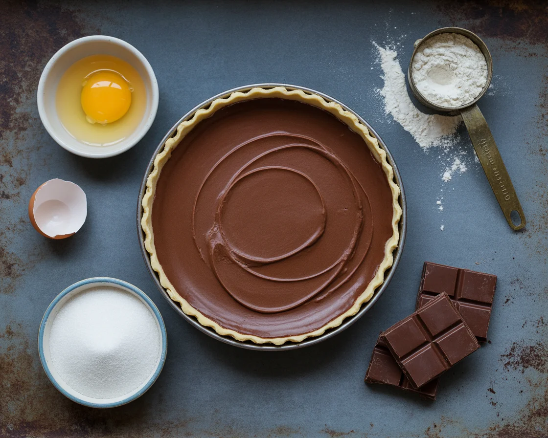 Old-Fashioned Chocolate Pie recipe ingredients: one egg, spoon of flour. 3 chocolate cube and 100 mg of sugar