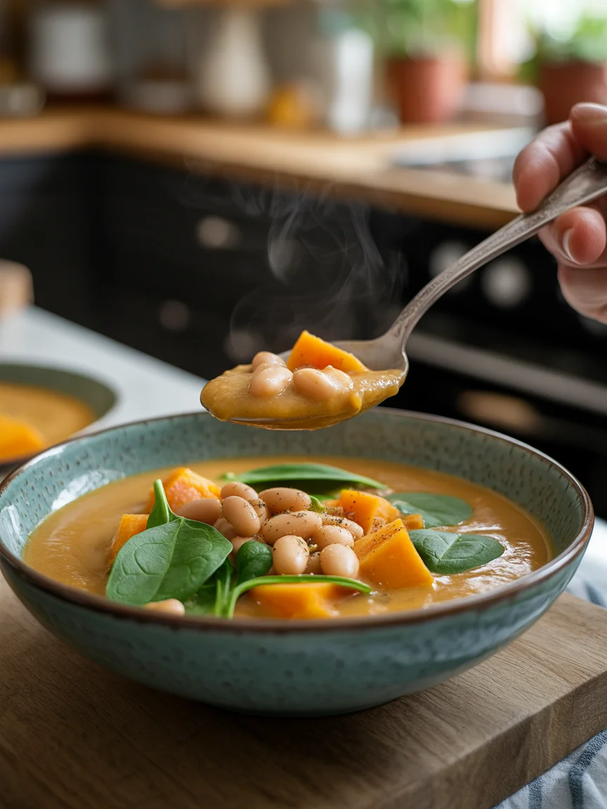 Creamy Spiced Sweet Potato Soup with Coconut, Lime & White Beans