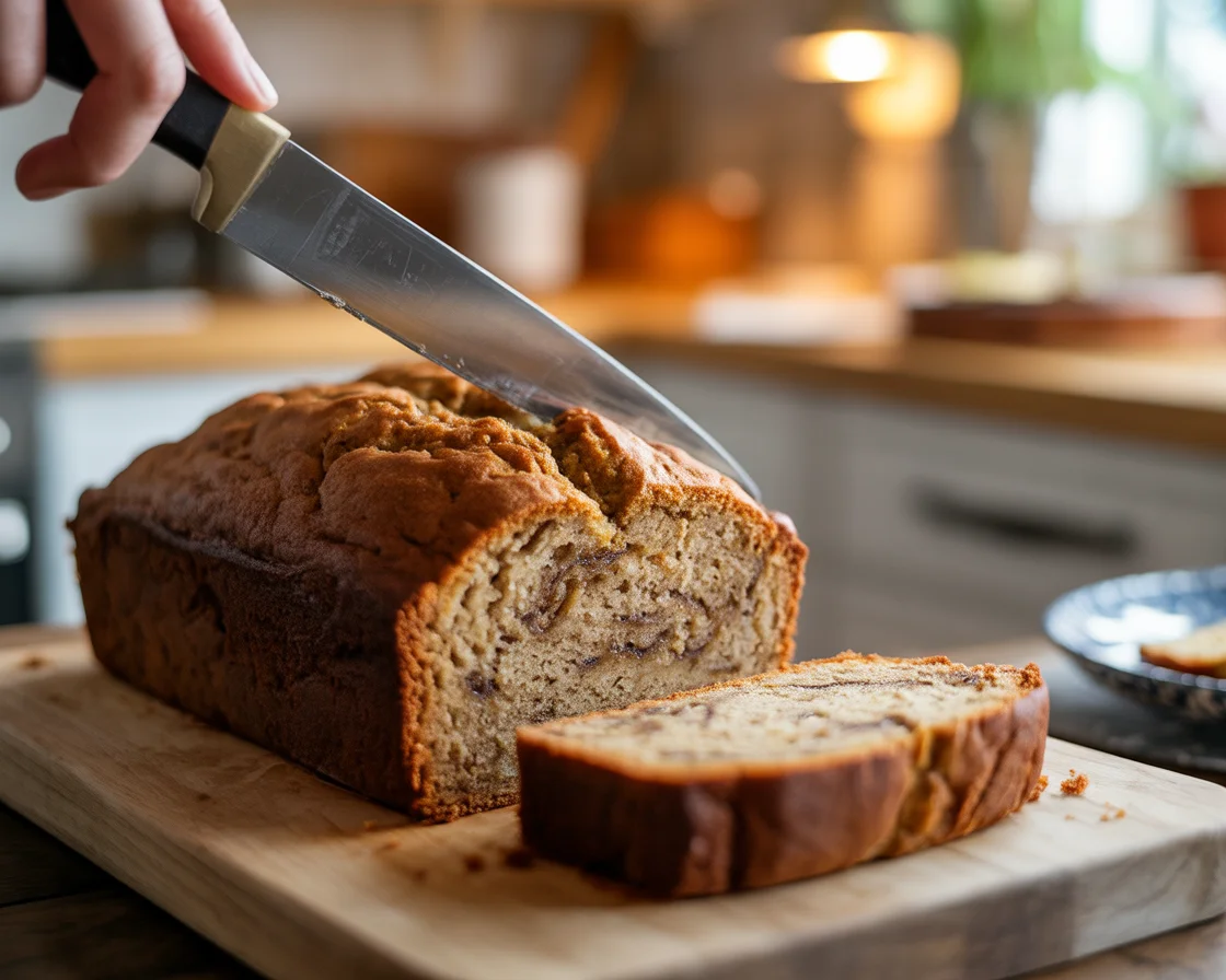 A knife cutting Gluten-Free Banana Bread into slices
